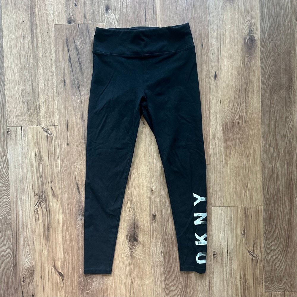 DKNY Sport Womens Black Silver Metallic Logo Cotton Stretch Leggings Size M - Picture 2 of 7